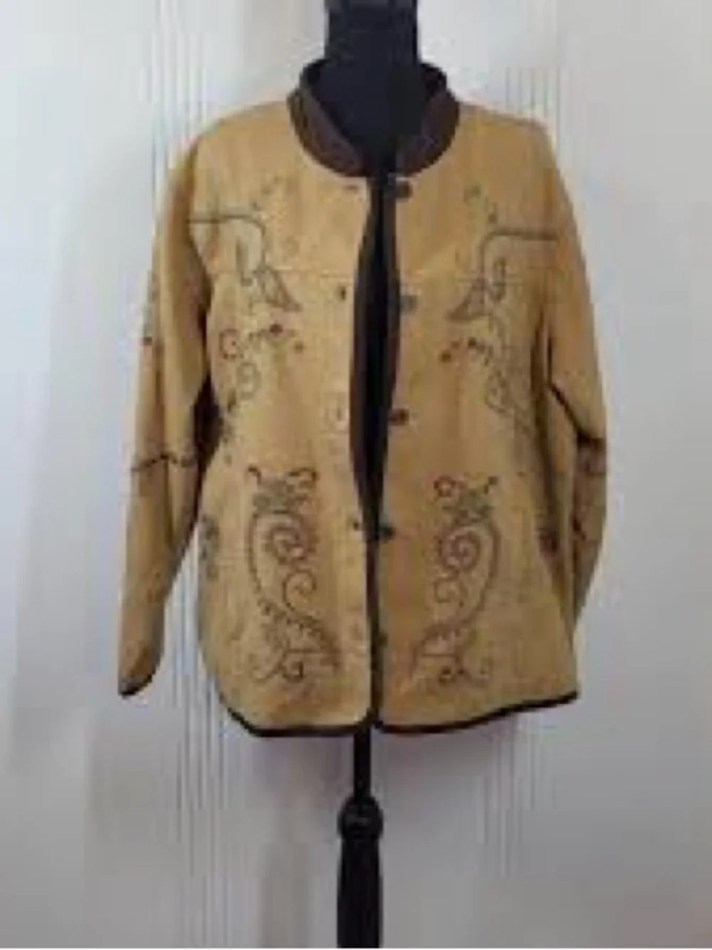 Denim & Co. Embroidered Tan Jacket with Brown Trim - Picture 2 of 13